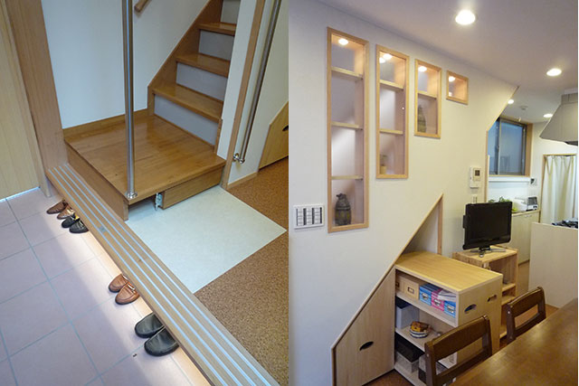 写真左：玄関土間から1階は親、子は直通階段で2階へ　写真右：階段下に引き出し式収納（Ko様邸、設計：アトリエ4Ａ）