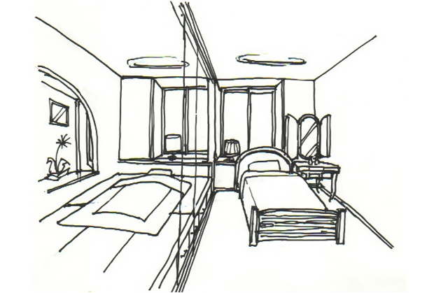イラスト：小上がり和室で夫のふとんと妻のベッドで「夫/婦寝室」（図：天野彰)