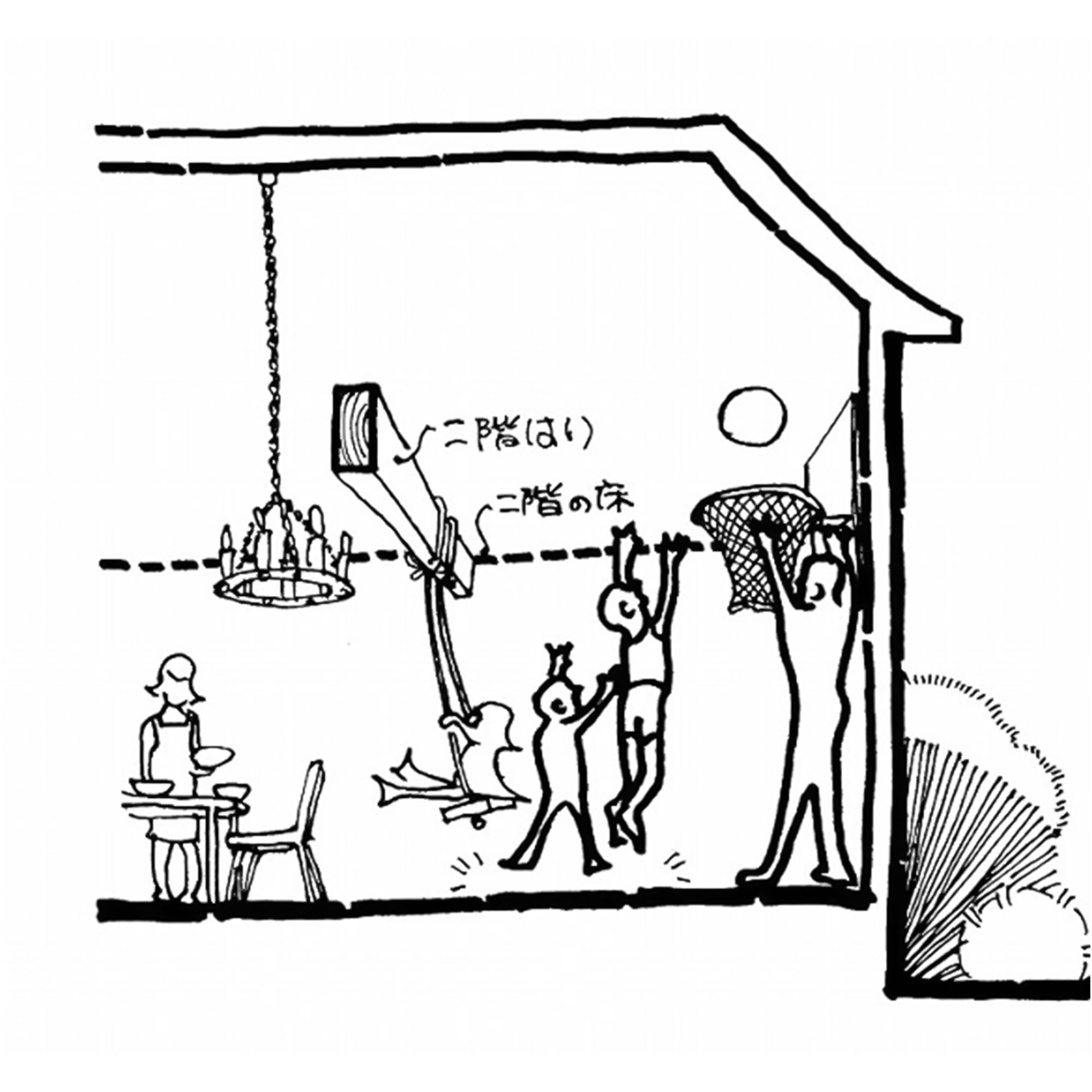 イラスト：吹き抜けの「増殖住宅」（イラスト：天野 彰）家族１人、１人それぞれが楽しめる・自由な時間を暮らせるお家のイラスト