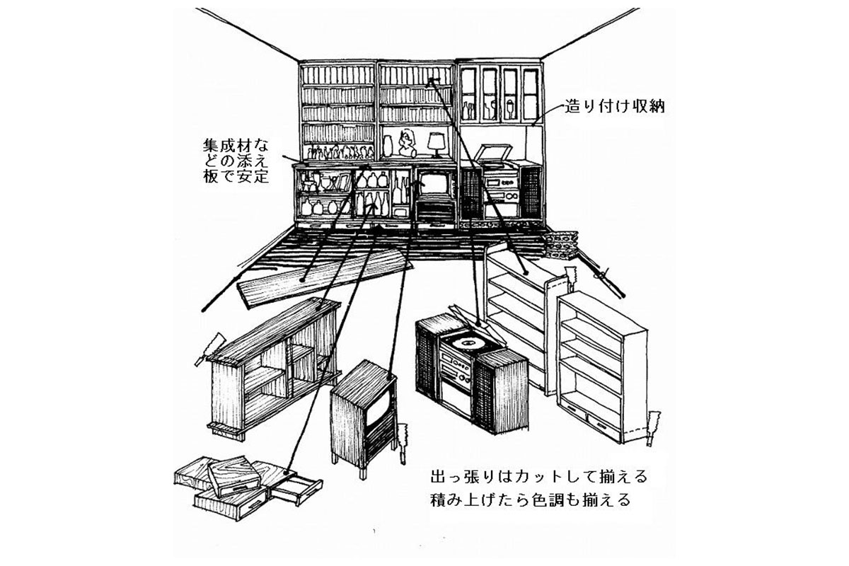 イラスト：家具家電をことごとく積み上げる（図：天野 彰）