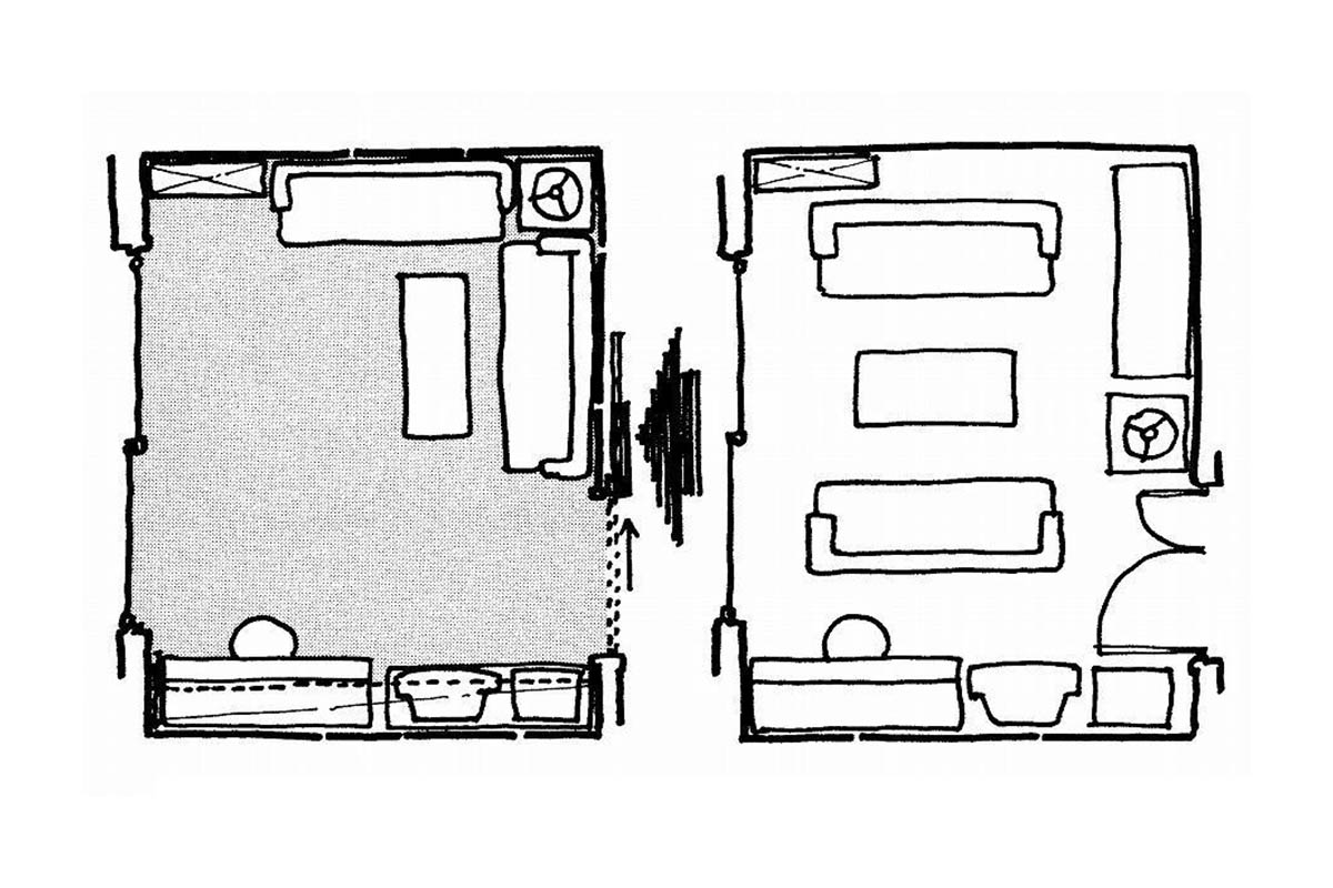 イラスト：家具を積み上げると部屋がこんなに広くなる（図：天野 彰）