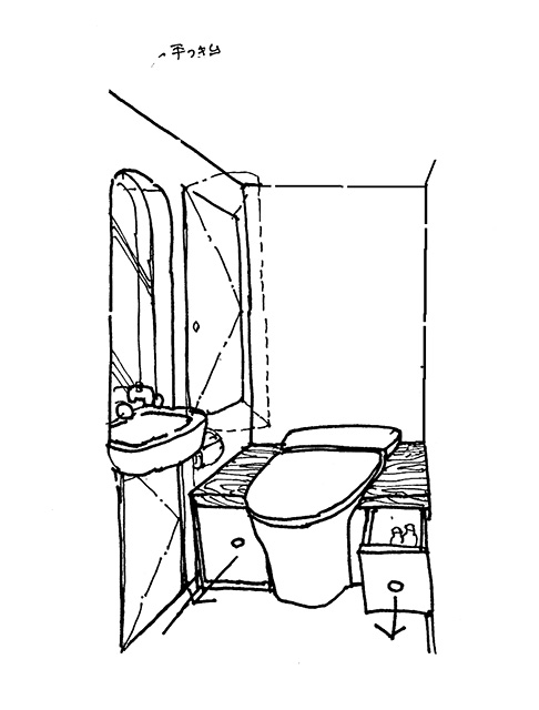 イラスト2：手をついて移動するベンチ式トイレ(画：天野 彰)