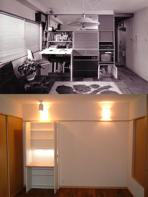 写真：リビングの初代ハッチ式装置壁と現代の「オヤジデスク」