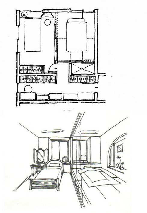 イラスト：「夫/婦寝室」プランとイラスト（画：天野彰）