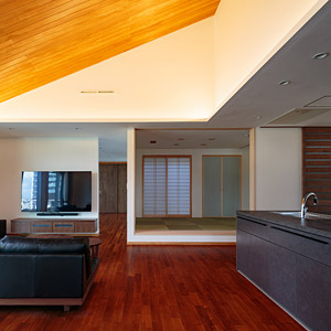 LDKから小上がりの和室。勾配天井には、床とは異なる色味の木材と間接照明を設けることでより開放的に。