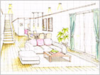 室内パースイラスト　リビング階段のある開放的なLDK