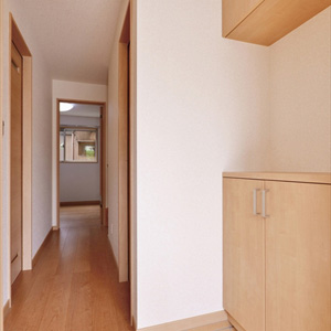 玄関：　ミニマムな設計の玄関ホールですが、適量適所の収納を配置して使い勝手よく