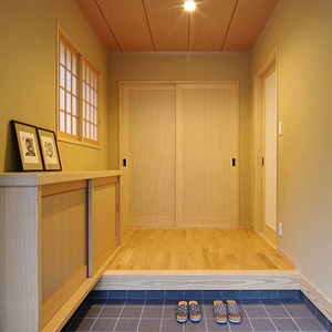 １畳分の土間と２畳分の玄関ホールに１間の物入れ。必要にして十分な広さ