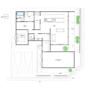 中庭とゴルフ練習室を備えた、平屋ならではの贅沢なワンフロア設計
