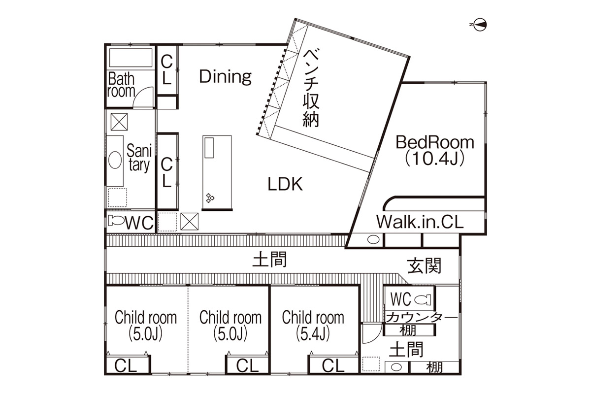 間取り図　LDKなどメインルームのある空間と個室3室が土間を通して繋がる特徴的な間取り