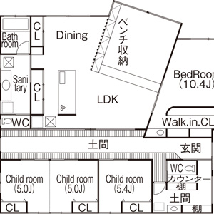 間取り図　LDKなどメインルームのある空間と個室3室が土間を通して繋がる特徴的な間取り