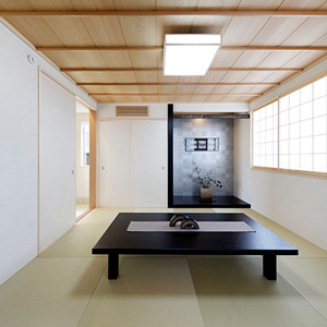 和室もシンプルな中に、床の間の黒が映える落着きある印象です。
