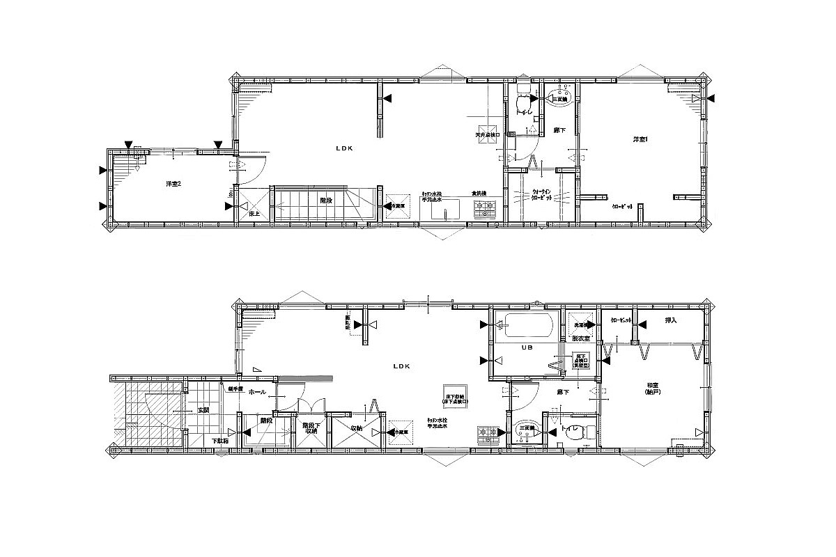 図面　細長い敷地に各部屋や収納などをしっかり納めスペースを有効活用した2世帯住宅