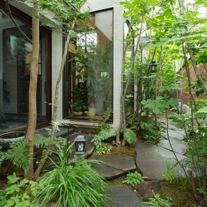 坪庭のような植栽と延べ石が印象的な、中庭を望む採光空間 坪庭のような植栽と延べ石が印象的な、中庭を望む採光空間