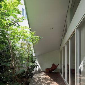 南側のデッキ。低い軒が落ち着きを与え、庭の木々と向き合う 南側のデッキ。低い軒が落ち着きを与え、庭の木々と向き合う