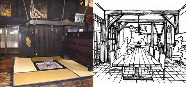 例えば白川郷の合掌造りの炉辺？