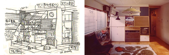 大きなKに過ぎないLDKをL＋DKにするスケッチとL＋DKの実際の収納間仕切り（画：天野彰）