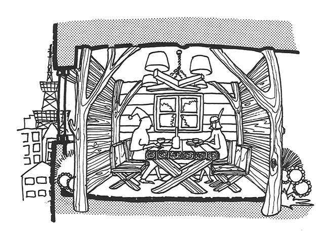 都会の中の山小屋（画：天野彰）