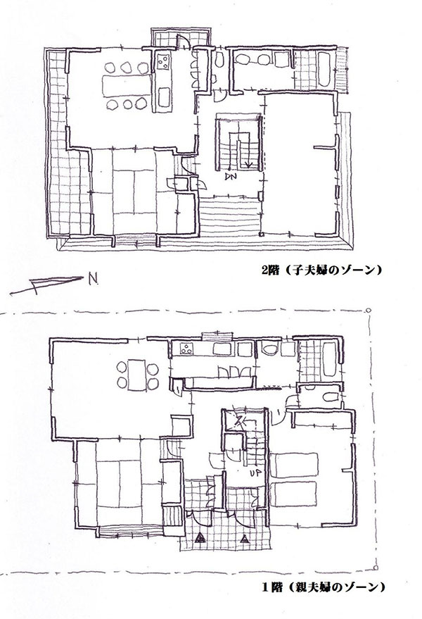 プラン：息子夫婦とは玄関は別、LDKも別、しかし一体同居プランG様邸（画：天野彰）