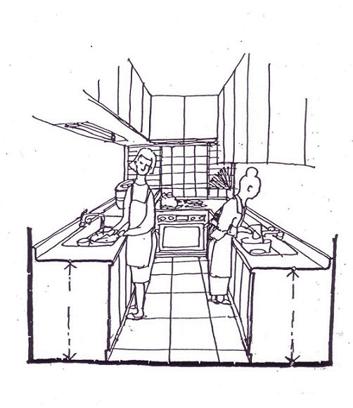 イラスト２：狭くても嫁姑二つのキッチン（画：天野彰）