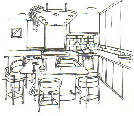 イラスト：LDKの真ん中にテーブルキッチン（画：天野彰）