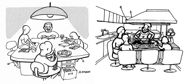 イラスト左：「わが家のステーキハウス」　イラスト右：みんなのジャンボテーブル（画：天野彰）