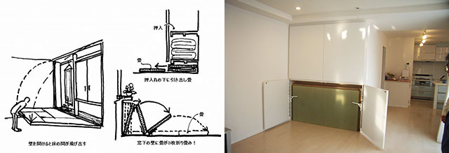 イラスト左・写真右：リビングのコーナーに仕込まれた「折り畳」（画・設計：天野彰）