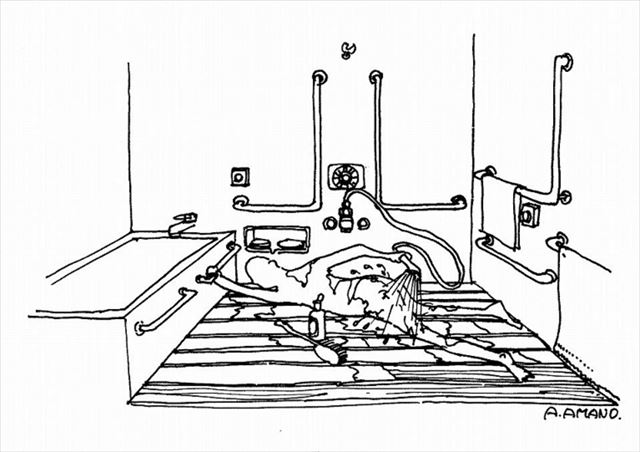 洗い場のスノコの上で転がってシャワー入浴する老人（画：天野彰）