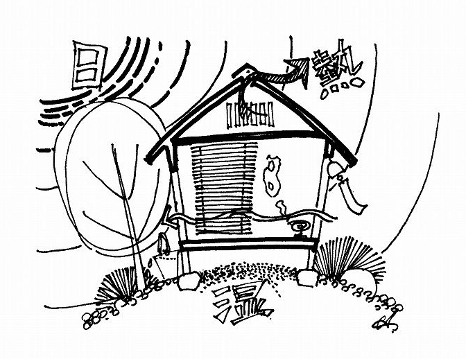 イラスト2： 日本の家は「夏を旨とすべし」高床の家   (画：天野彰)