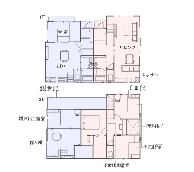 縦割りの完全分離型二世帯住宅の参考間取り