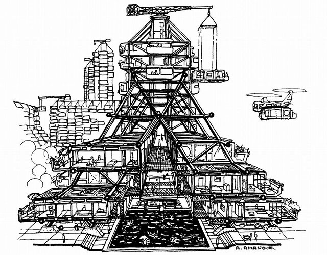 イラスト：架構とインフラと「家」を切り離しどこへでも引っ越せる規格のフレームコロニー（天野彰）