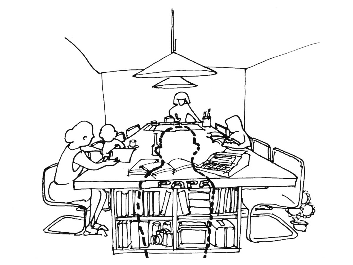 イラスト：家族が集まるLDKのジャンボテーブル（画：天野 彰）