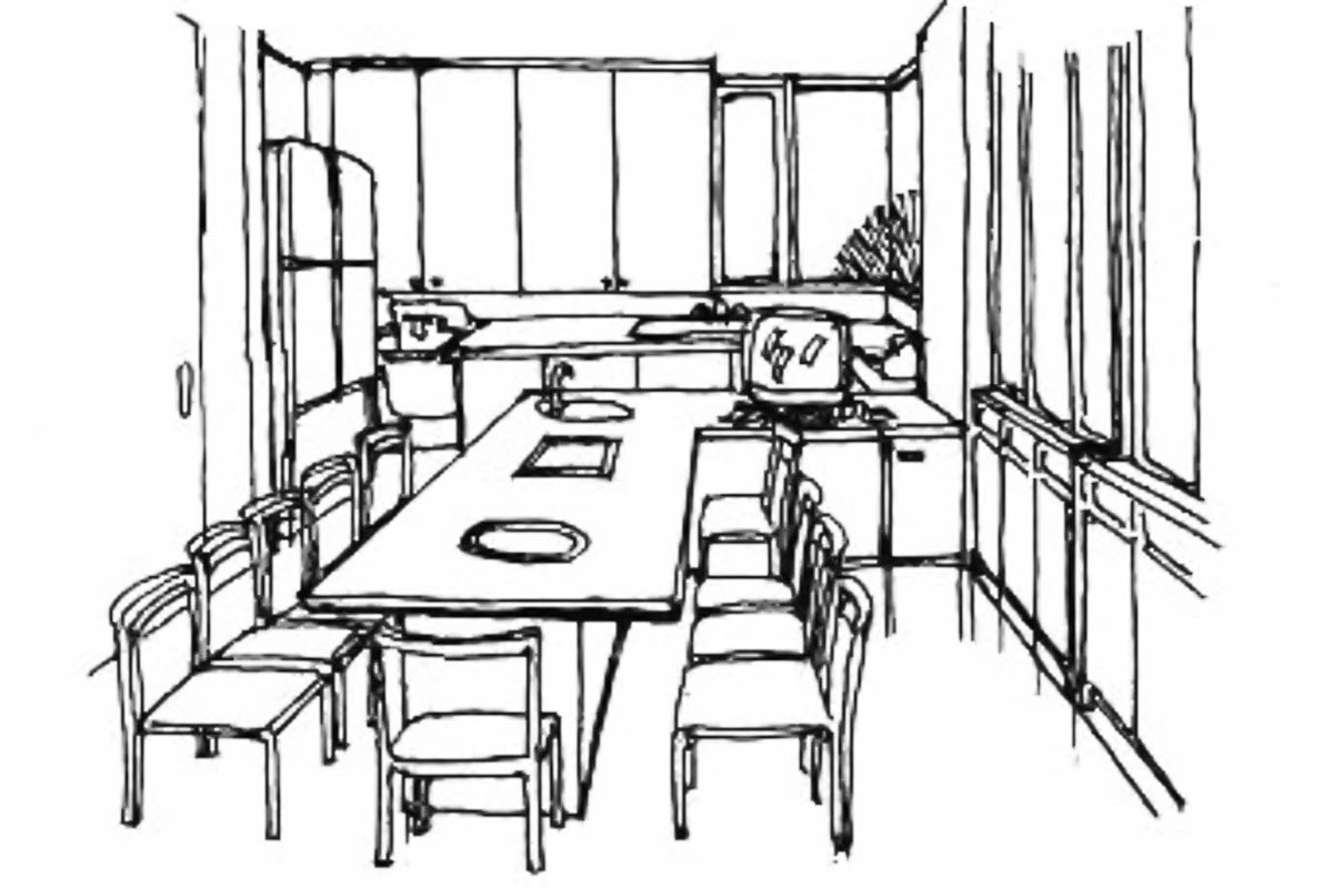 イラスト:キッチンテーブルを通らないと個室に行けないLDK(図:天野 彰)