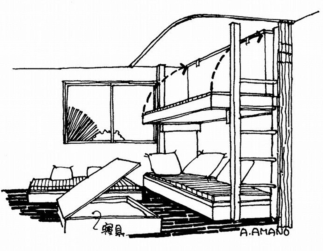 ＜イラスト：取り壊し自在の「二段ベッド兼ソファ」（画；筆者）＞