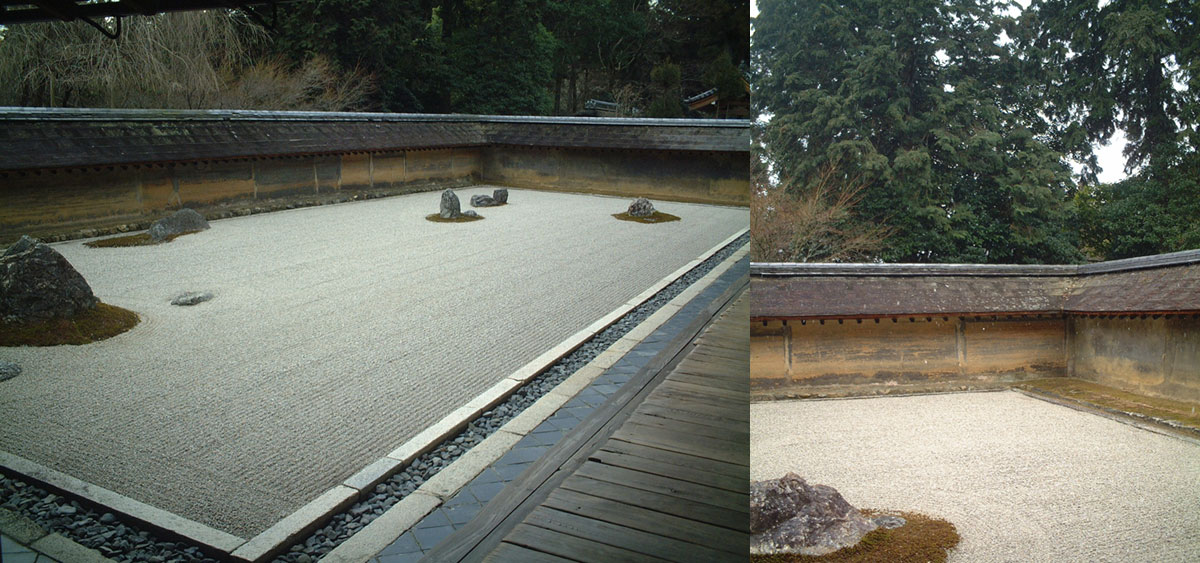 写真左:京都龍安寺石庭広く見えるのは?対角視と錯視写真右:同上なんと塀の高さが次第に低くなり遠近感を演出!