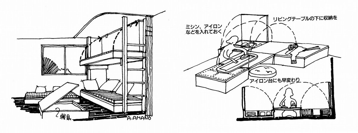 イラスト左:1LDK事務所に来客2段ベッド、昼間はソファ(画:筆者)イラスト右:応接のテーブル、イスが家事コーナーに早変わり(画:筆者)