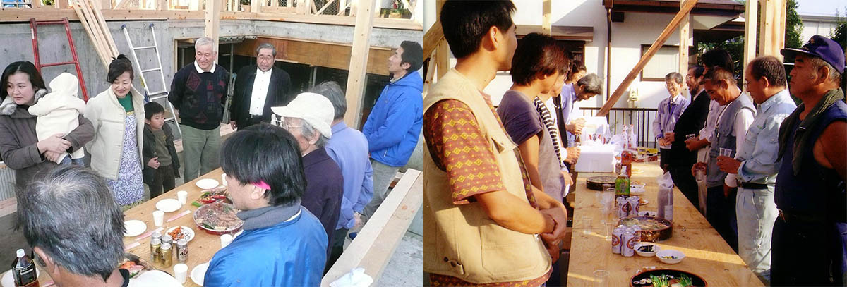 【写真左】上棟式　【写真右】棟上げで感激