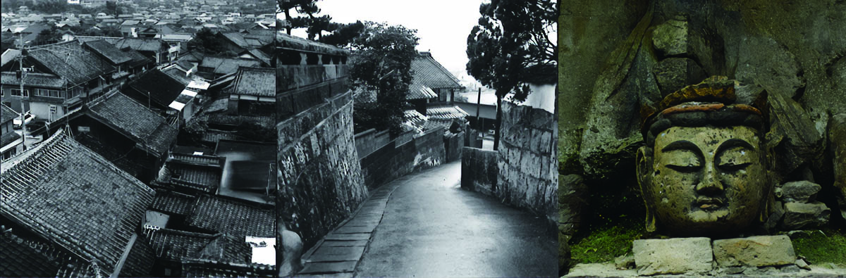 左：古都　大分臼杵の町並み<br>真ん中：臼杵の二王座付近<br>右　国宝　臼杵石仏(摩崖仏)大日如来像1962当時（写真・図：天野 彰）