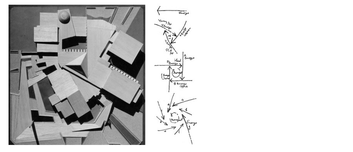 「モーメントとベクトル」三方四方からの動線による「構築プランニング」概念図と「青森青少年婦人センター計画」 (東大生田勉研究室案　図、模型：天野 彰)