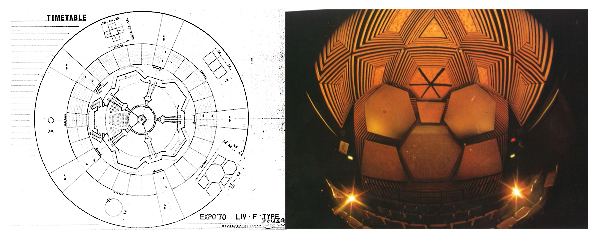 生活産業館の回転劇場(カルーセル)　桜花のような花弁の一つが導入部で100名ほどの観客を入れ回転させ、春夏秋冬の日本の四季の情景映像を季節ごとのシアターのマルチスクリーン(大建工業ブースのスクリーンの例)に映し出す。 (プランとデザイン；写真筆者)