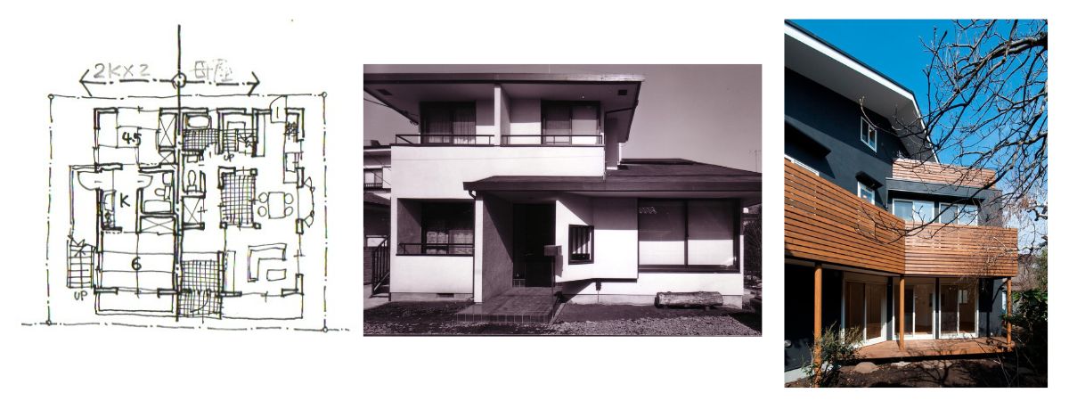 イラスト：2ＬＤＫのアパートはまさしく賃貸「契約同居」プラン（画：天野 彰）写真：同じ屋根の下の庭付き賃貸同居住宅Ｍ邸（設計：画：天野 彰）写真：庭付き賃貸同居住宅Ｋ邸　今はお子さん家族が住む（設計：アトリエ４A）