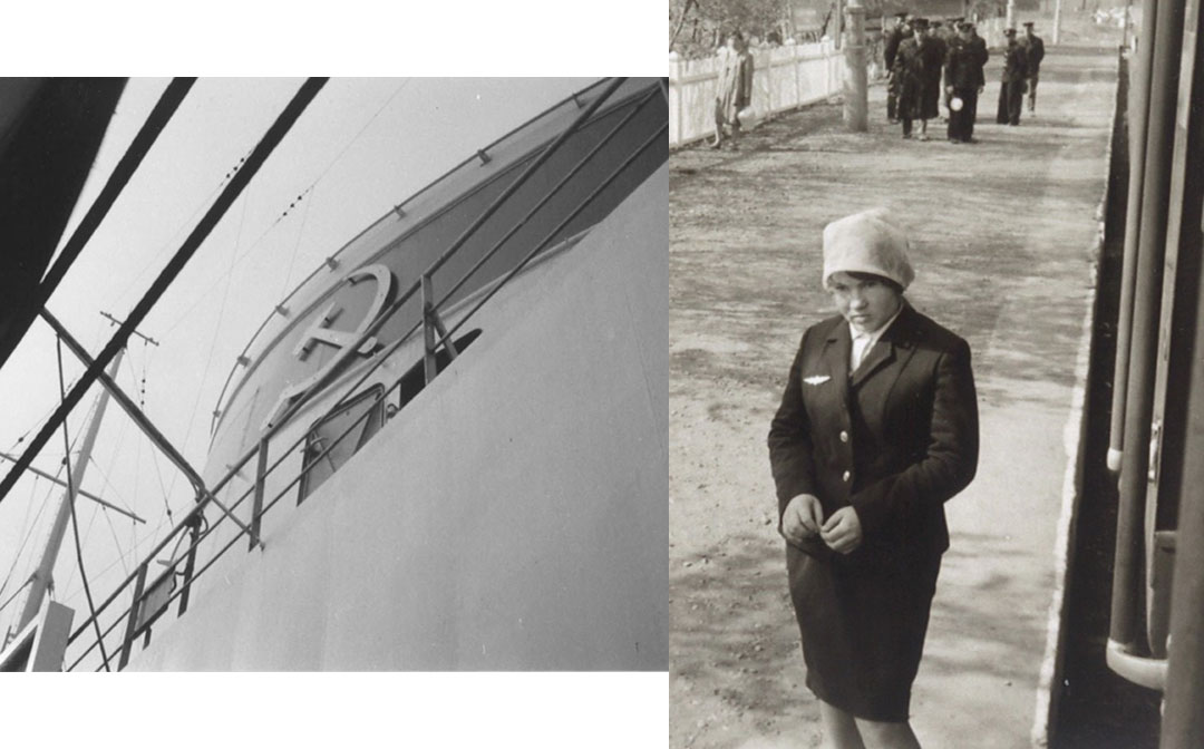 写真左：オルジョニキーゼ号のくすんだ赤地に槌と鎌、右：国際列車の女性車掌、奥には多くの監視員か？／天野彰