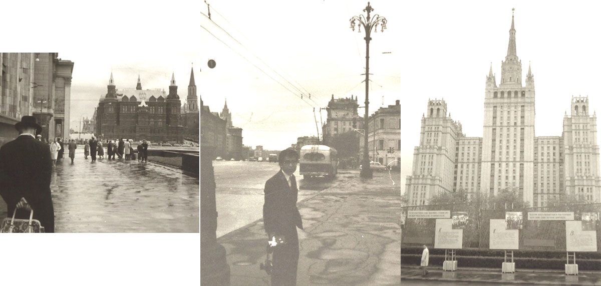 写真左：雨のクレムリンの奥のほうにポクロフスキー聖堂が見える、中央・右：寒い5月のモスクワに佇む若い筆者と、モスクワ大学の門は難く開くことはなかった／天野彰
