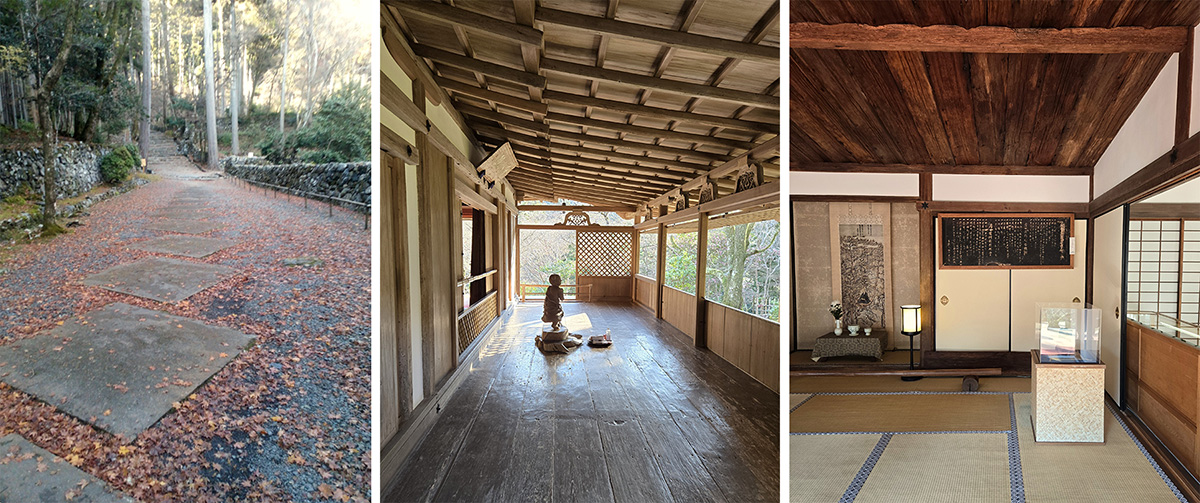 写真左：晩秋の高山寺表参道の対角の方形石畳の佇まい、中央:国宝石水院　西面拝殿善財童子像・屋久杉の床板、右：鎌倉時代の入母屋造・明恵上人の住居／天野彰