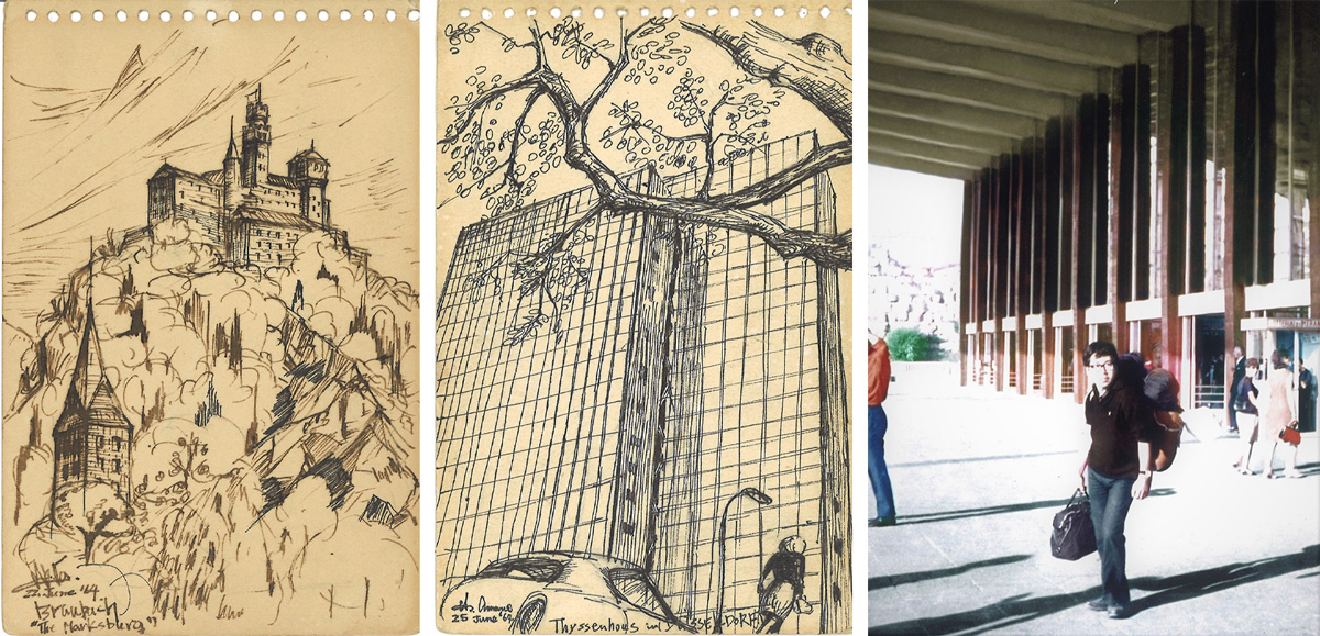 写真左：ドイツ・ライン川沿いのブラウバッハ (Braubach)のマルクスブルク城 (Marksburg) 12世紀建造、負け知らずの城（現世界遺産）売れ残ったスケッチ(画：筆者）、中央:ドイツ・デュッセルドルフ・テッセンハウス（Tessenhausu）SOM設計超高層（後にミラノのピレリ―、東京ミッドタウン、ドバイのブルジュ・ハリーファ設計） (画：筆者）、右：ローマ・テルミニ駅に辿り着いた！疲れ果てた変な旅行者　若い筆者／天野彰