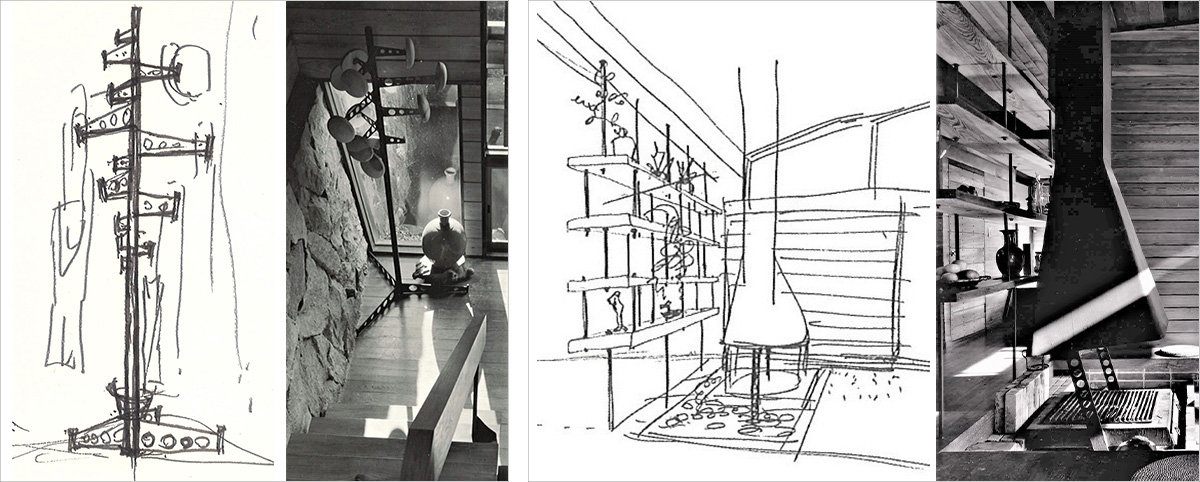 左：穴開きスチールバーのコートハンガーと階段　右：鉄暖炉とダイニング鉄筋吊り飾り棚／天野彰