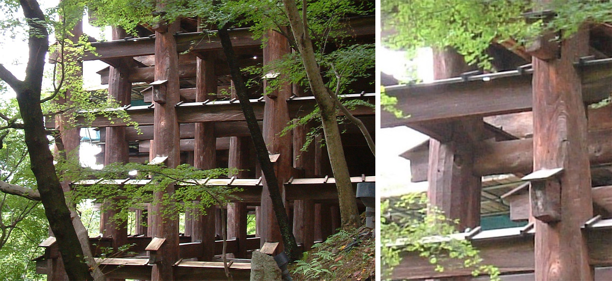 清水寺の懸崖構造木組みと無数の楔（くさび）梁上の三角状木材 (撮影：筆者) 