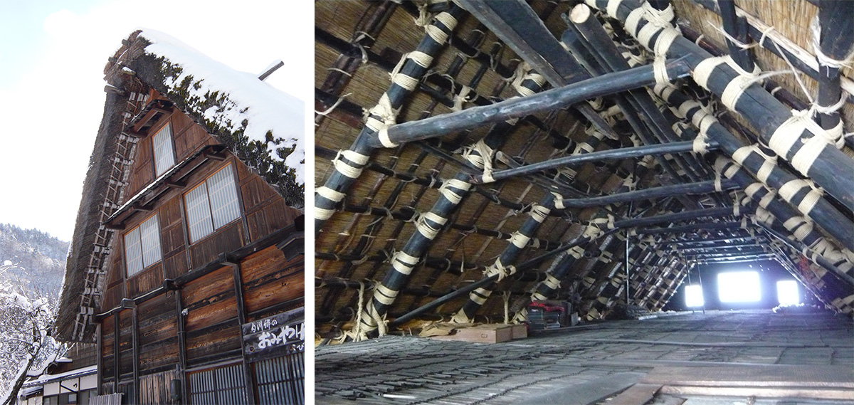 白川郷合掌造りの縄組積雪強風に備える柔軟性。 (撮影：筆者)