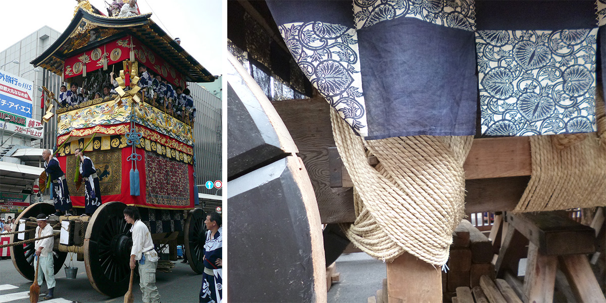 祇園祭の縄仕口の鉾30名も乗せぎしぎしと揺れて街を動く (撮影：筆者) 