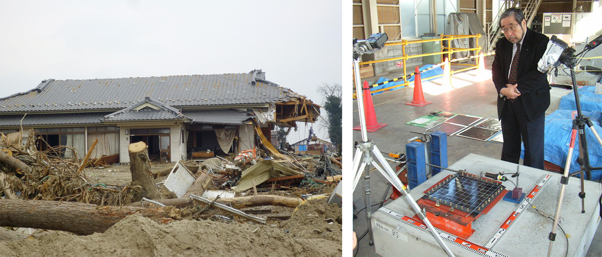 東日本地震の津波にも耐えた骨太木造住宅　ゴム膜筋交いを実験する筆者